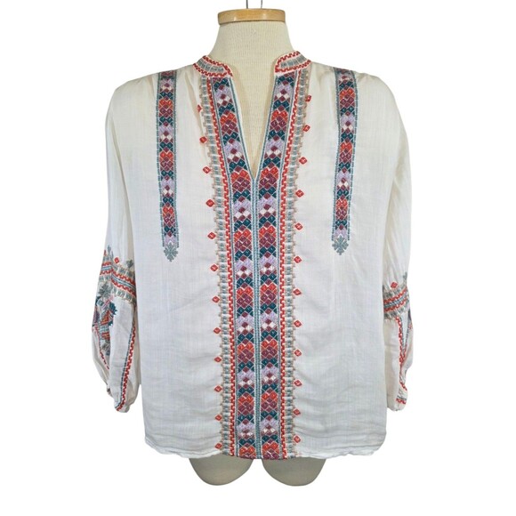 Johnny Was Workshop Top Womans Extra Small White Colorful Embroidered Boho - Picture 1 of 7